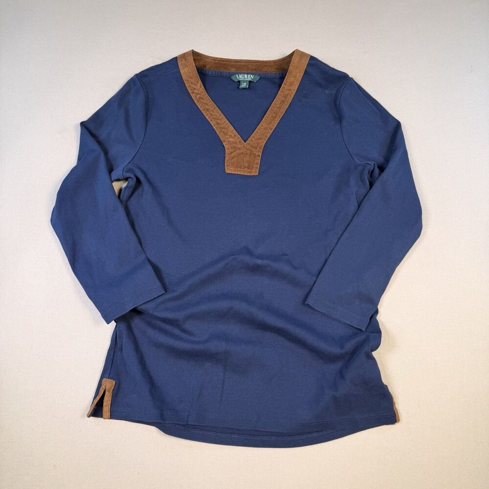 Lauren Ralph Lauren Womens Sz LG Blue Suede Leather Trim Shirt Tunic Long Lined